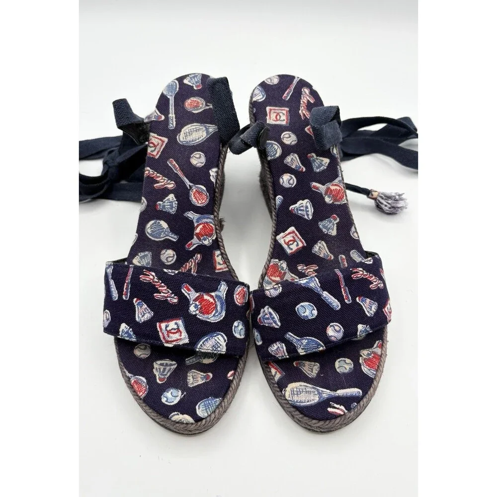 Chanel Badminton/Tennis Theme Navy Blue Espadrille Wedge Sandals Vintage EU 35